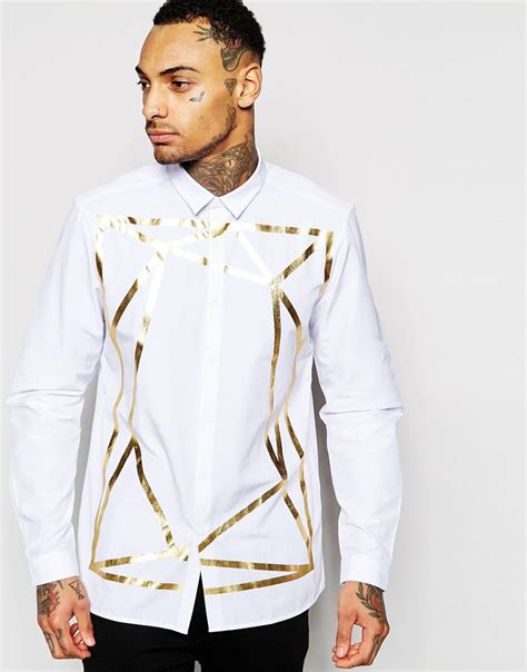 Asos White Shirt With Gold Foil Print And Long Sleeves At
