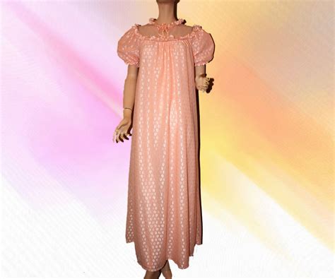 Vintage Long Nylon Nightgown Apricot Ruffled L By Emeliascloset