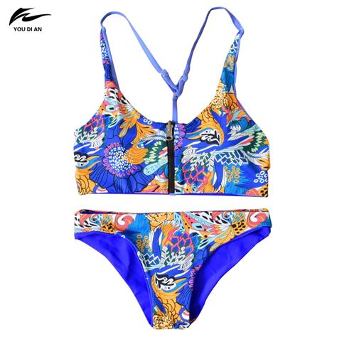 2017 women s new double sided split swimsuit printing straps zipper fitness body swimming wading