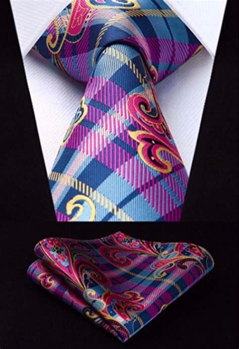 Pink Blue Paisley W Pocket Square Silk Necktie Set Tie And