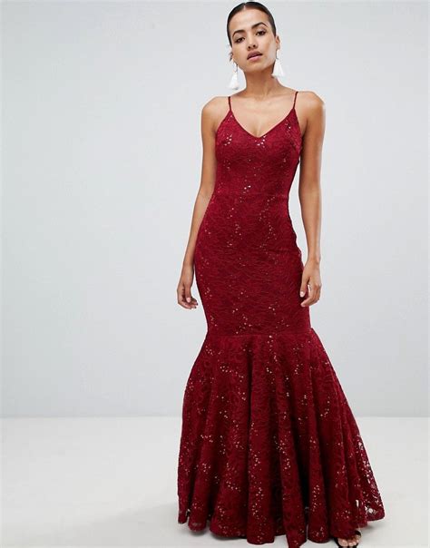 Club L Lace Strappy Fishtail Maxi Dress With Sequin Detail Red Mode