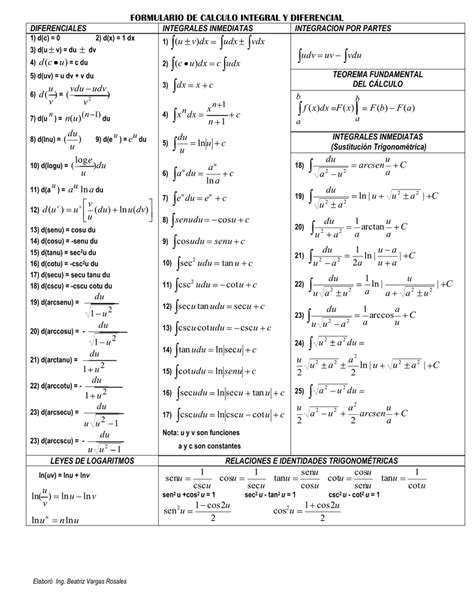 Formulario De Calculo Integral Y Diferencial V U D