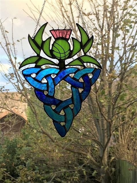Scottish Thistle With Celtic Knot Stained Glass Suncatcher Made To