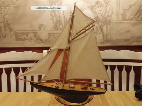 Antique Wood Boat Model Yacht Sailboat Ship Brass Rigging Canvas Sails