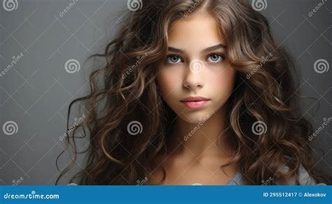 Portrait Of A Beautiful Young Woman With Long Brown Curly Hair