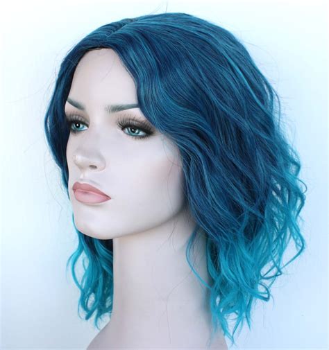 Turquoise Dark Blue Teal Ombre Shoulder Length Wavy Wig Party Etsy