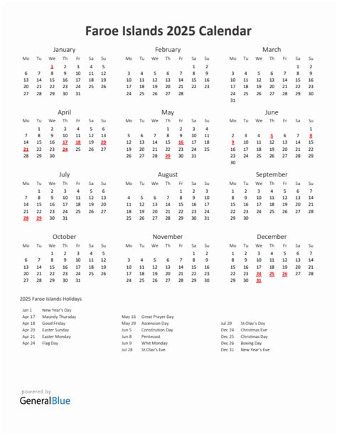 2025 Yearly Calendar Printable With Faroe Islands Holidays