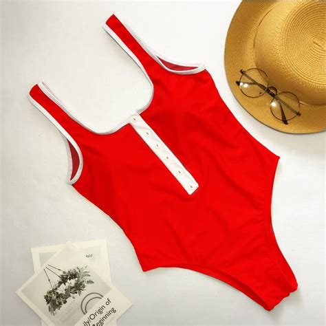 new solid one piece swimsuit female sexi button chest bikinis women red black brazilian bikini