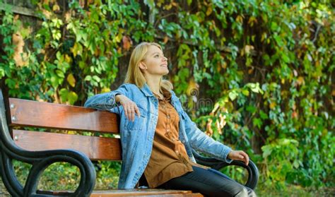 Girl Sit Bench Relaxing Fall Nature Background Feeling Free And Relaxed Woman Blonde Take
