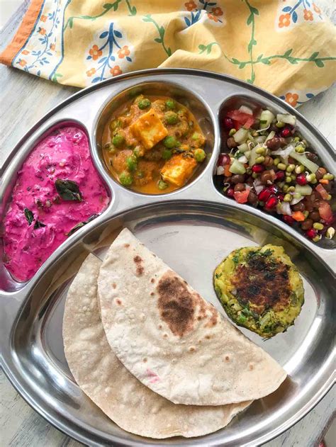 Portion Control Meal Plate Aloo Matar Paneer Curry Beetroot Raita