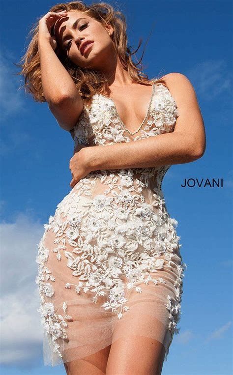 Jovani Beaded V Neck Sexy Short Dress Nude Cocktail Dresses