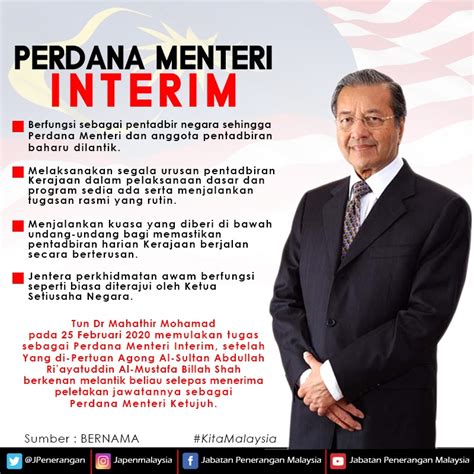 Seorang perdana menteri juga bertanggungjawab untuk mengetuai barisan badan eksekutif, jemaah menteri. PERDANA MENTERI INTERIM - Jabatan Penerangan Malaysia