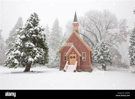 Yosemite Valley Chapel Adorned In Christmas Decorations During A Snow
