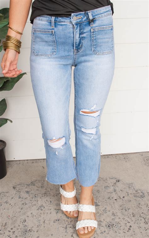 Mid Rise Distressed Cropped W Slit Denim Jeans Mica Bad Habit Boutique