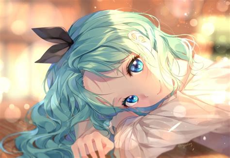 Wallpaper Anime Girl Resting Aqua Hair Cute Ribbon Blue Eyes