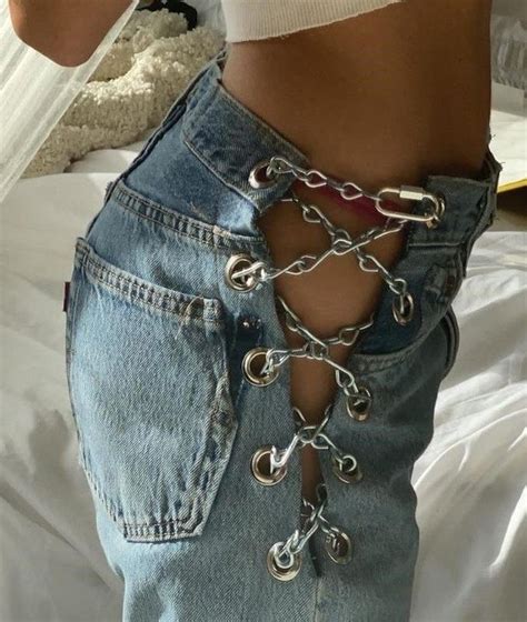 Denim Pants With Waist Metal Chains Fashion Jeans With Chains Chain