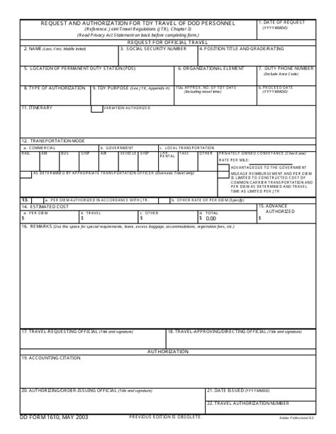 Dd Form 1610 Download Fillable Pdf Request And Authorization For Tdy