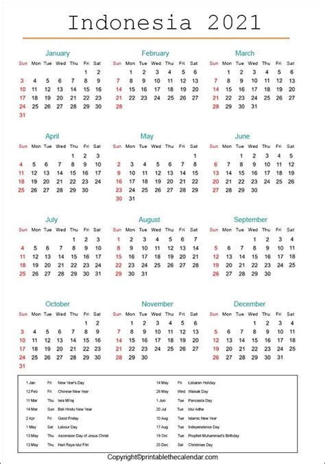 Indonesia Calendar 2021 With Holidays Free Printable Template
