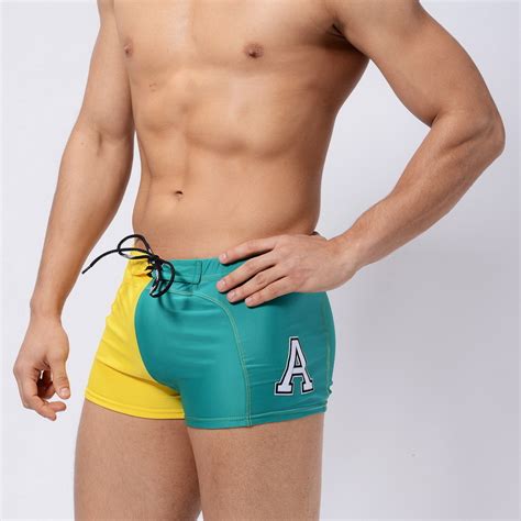 Discount Sexy Swimming Trunks A Letter Print Men Swimwear Lace Up Patchwork Color Briefs Beach