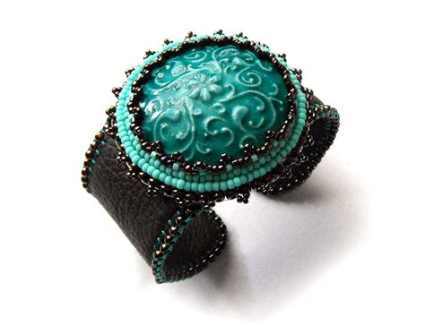 Items Similar To Turquoise Leather Cuff Bracelet Bead Embroidered