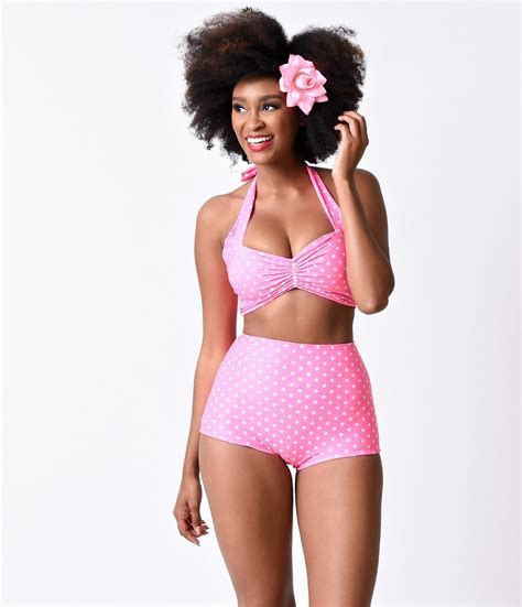 1950s style hot pink and white dot two piece high waist halter bikini vintage inspired swimwear