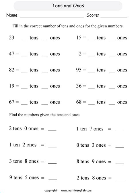 Greater or less than and equal to. For each 2 digit number fill in the number of tens and ...