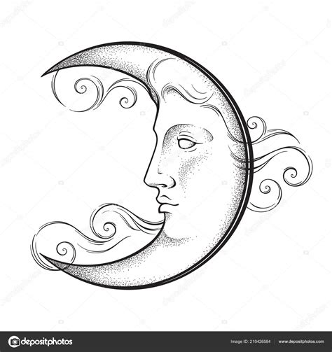 Crescent Moon Face Antique Style Hand Drawn Line Art Dotwork Stock