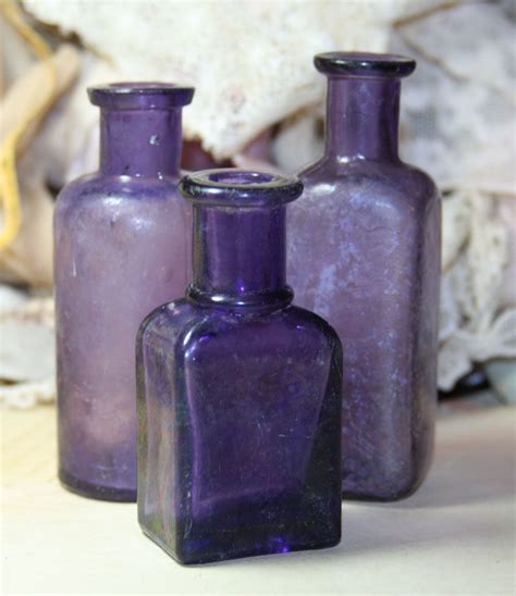 Violet Shaded Antique Glass Bottles In Purple Set Of 3 Etsy Glass Bottles Antique Glass
