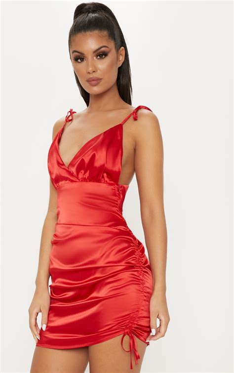 Red Satin Strappy Ruched Bodycon Dress Prettylittlething Usa