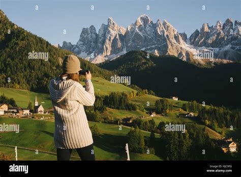 Woman Taking Photograph Santa Maddalena Dolomite Alps Val Di Funes