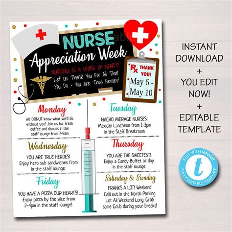 Nurse Appreciation Week Itinerary Template Heart Medical Etsy Nurse