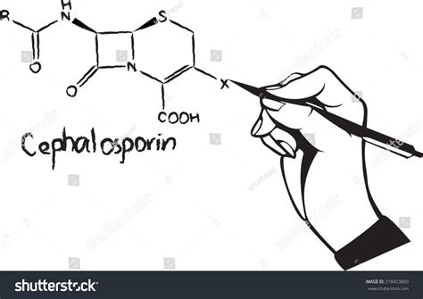 Cephalosporin Chemical Structure Drawing With Hand And Pen Stock Vector