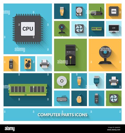 Computer Parts Decorative Icons Set With Processor Camera Keyboard