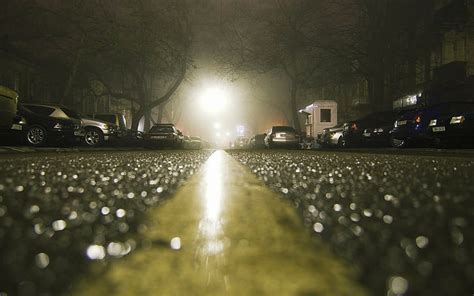 City Road Rain Wet Depth Of Field Lights Car Night Trees Worms Eye View