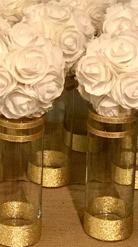 6 Or 12 Centerpieces Wedding Decor Vases Decorated With Gold Shimmering