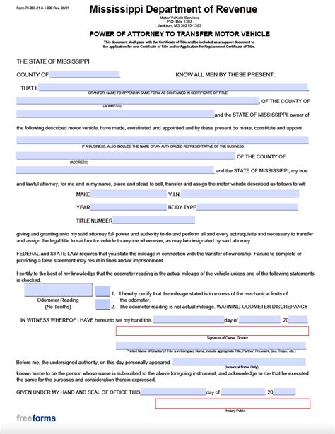 Free Mississippi Motor Vehicle Power Of Attorney Form Pdf