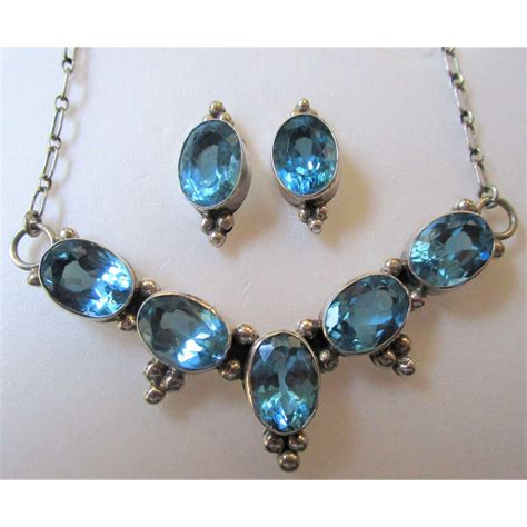 Vintage Sterling Silver Blue Topaz Necklace And Earring Set Blue Topaz