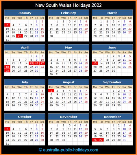 New South Wales Public Holidays 2022