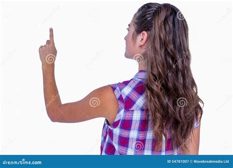 Pretty Brunette Pointing Something With Her Finger Stock Image Image Of Attractive Stylish