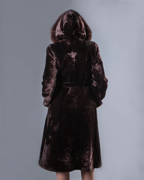 Handmade Sheepskin Fur Dark Brown Hooded Coat With Fox Fur Etsy
