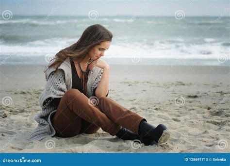 Sad Woman Sitting On A Sea Beach Stock Image Image Of Beach Meditative 128691713
