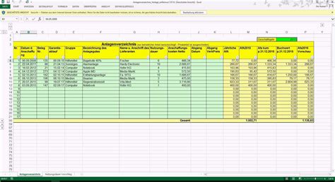 Atemberaubend Excel Anlagenverzeichnis Für Buchhaltung Kostenlos Vorlagen