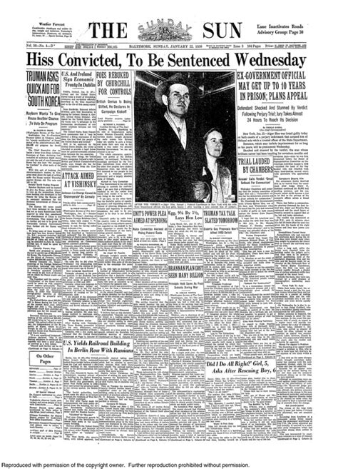 Retro Baltimore The Sun Front Page January 22 1950 Click On The