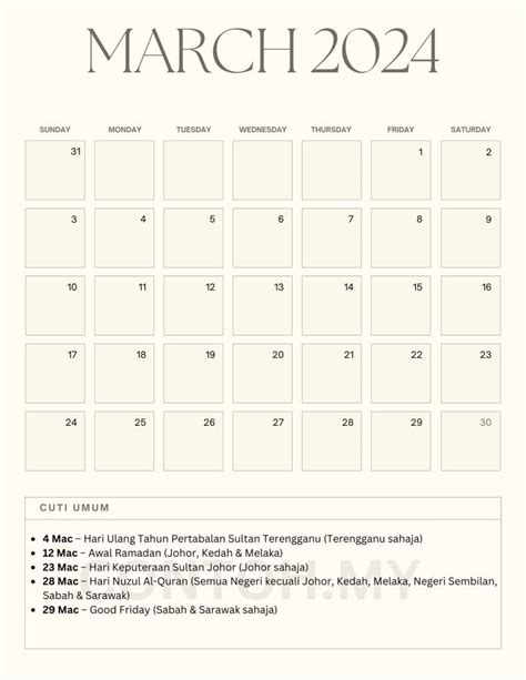 Gambar Kalendar Bulan Mac 2024 Vektor Mac 2024 Kalend