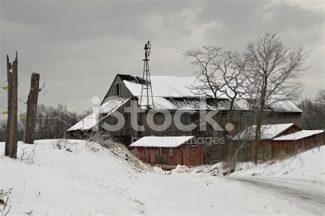 Snow Scene Old Barn And Windmill Stock Photo Royalty Free Freeimages