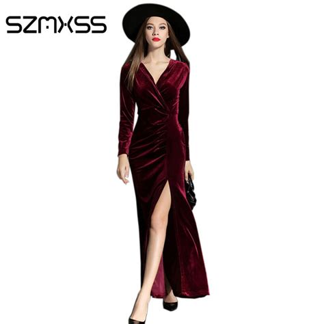 2016 autumn winter dresses evening party red long velvet dress for women vintage sexy high split