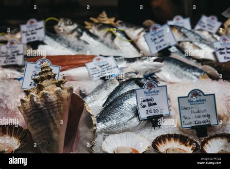 London Uk July 24 2018 Fresh Fish On Sale At A Fishmonger Stall In
