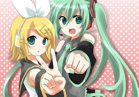 720p Free Download Rin And Hatsune Vocaloid Peace Sign Hatsune