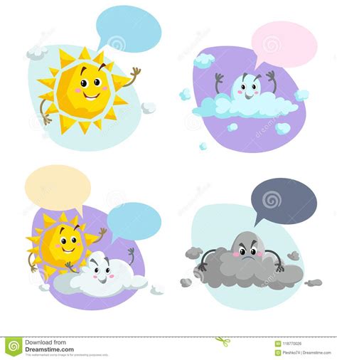 Cartoon Weather Characters Set Friendly Sun Cloud And Thunderstorm