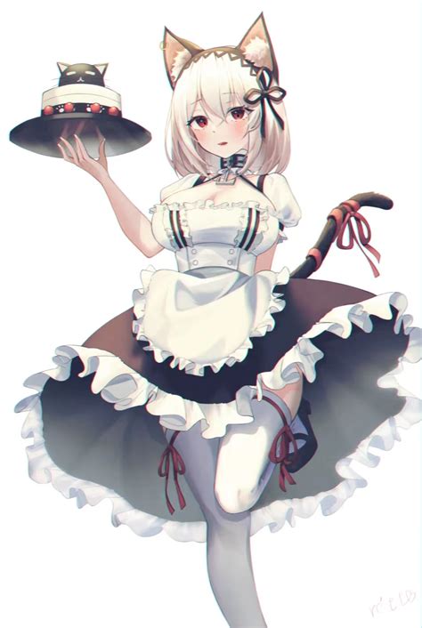 Anime Anime Girls Maid Maid Outfit Cake Cat Girl Cat Ears Cat Tail Tail